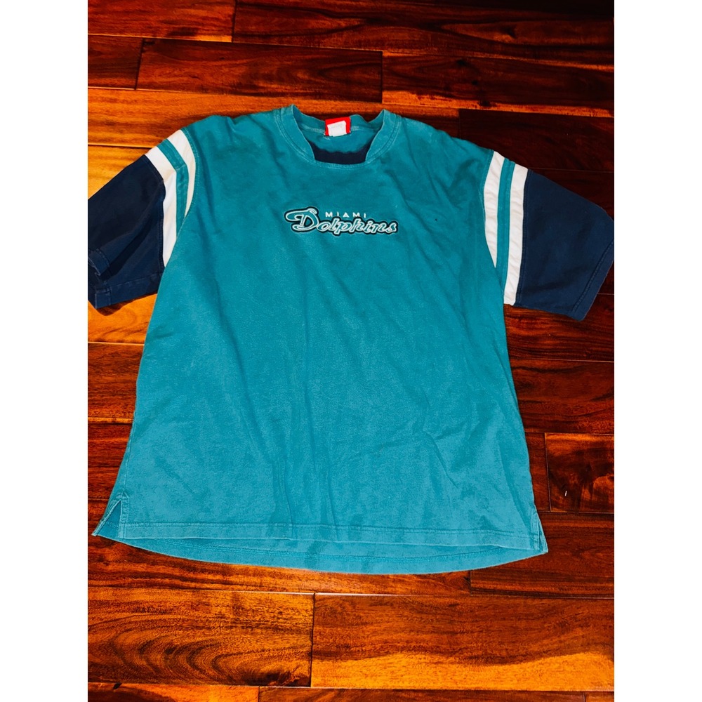 NFL Miami Dolphins T-Shirt Mens 2XL Teal Embroidered Logo Colorblock Striped